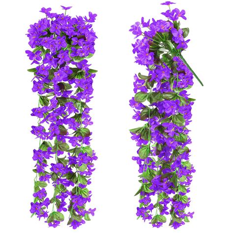 Spencer 2Pcs Artificial Hanging Flowers 2.6Ft Fake Purple Violet Plants ...