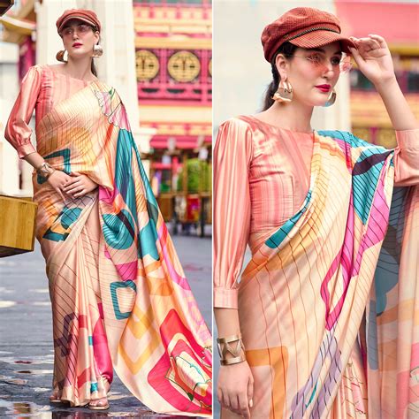 Peach Geometric Digital Printed Pure Satin Saree
