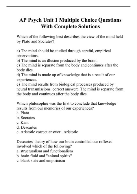 AP Psych Unit 1 Multiple Choice Questions With Complete Solutions - AP ...