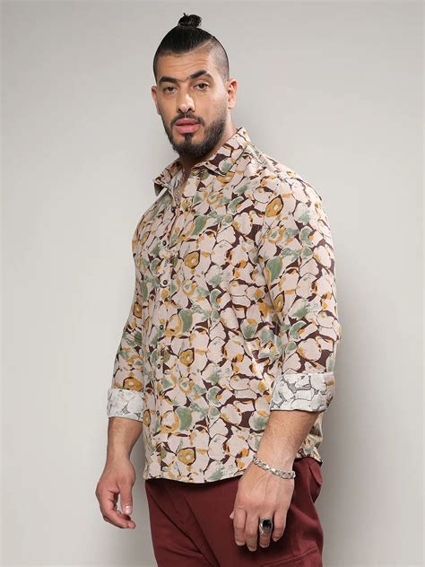 Plus Size Men's Beige & Green Artistic Floral Cluster Shirt (3XL - 6XL ...