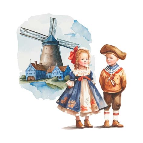 Premium Vector | Watercolor painting of a boy and girl in dutch ...