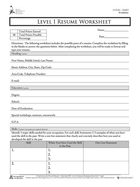 Level I Resume Worksheet - Blank Fillable Template | Fill Out, Print ...