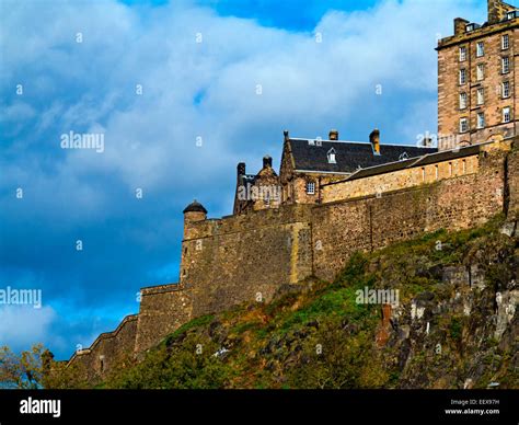 View looking up at Edinburgh Castle in Edinburgh city centre Scotland UK an historic fortress ...