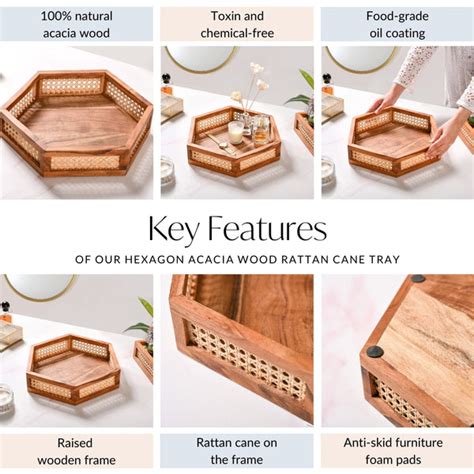Hexagon Acacia Wood Rattan Cane Tray Online - Premium Decorative Tray ...