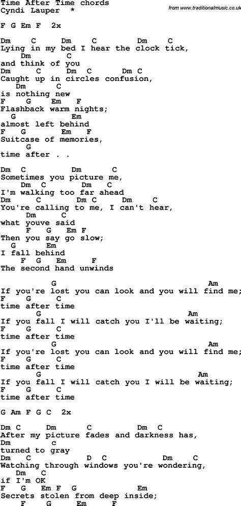 Song lyrics with guitar chords for Time After Time - Cyndi Lauper