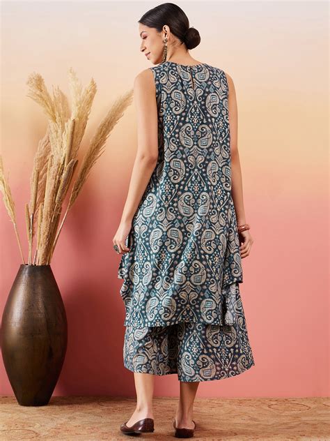 Slate Grey Paisley Round Neck Kurta Short Palazzo Set