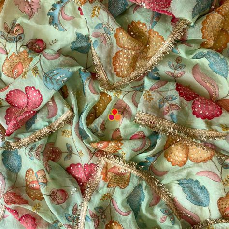 Pista Phoolwari Multicolor Embroidered Organza Fringed Dupatta – anokherang