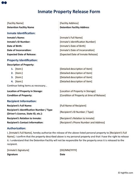 Free Inmate Property Release Form (Word | PDF | Google Docs)