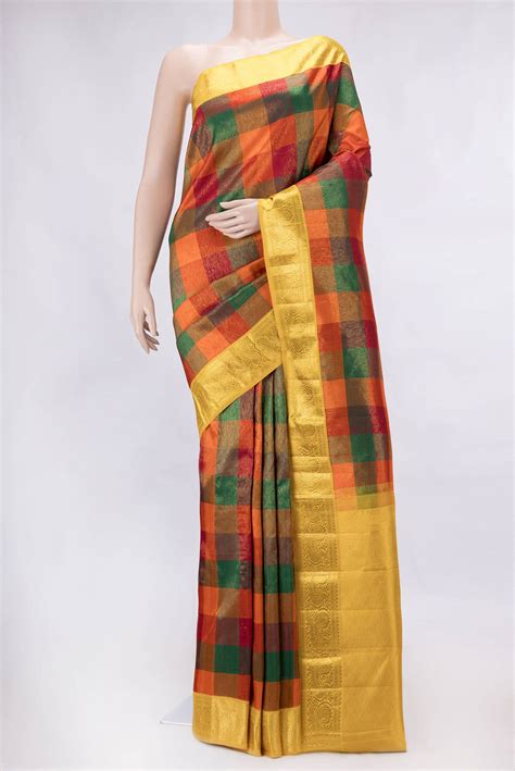 Pure Silk Pure Zari Orange Green and Maroon Dual Tone Kanchipuram Sare ...