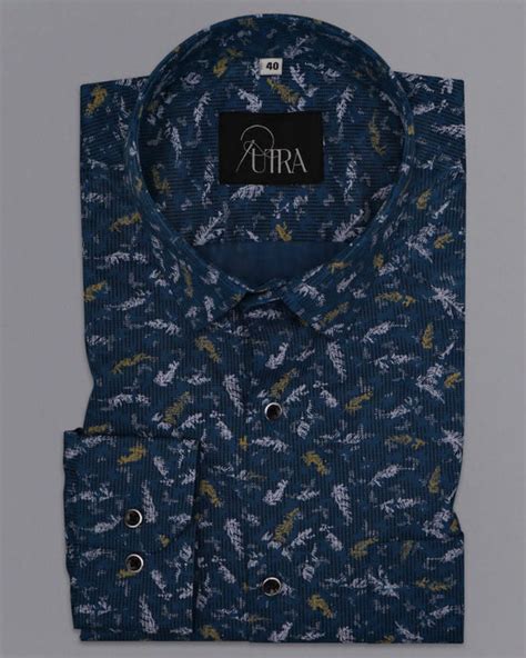 Navy Blue Shirt with Small Leaf Print - Putra
