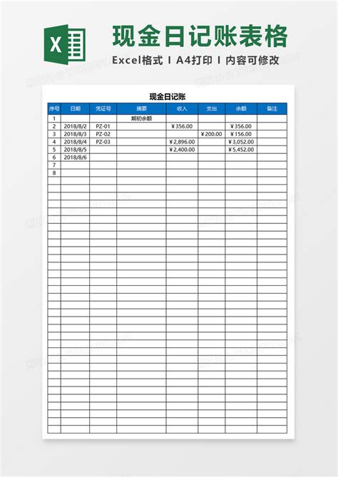 财务现金日记账模板_财务会计Excel模板下载-蓝山办公