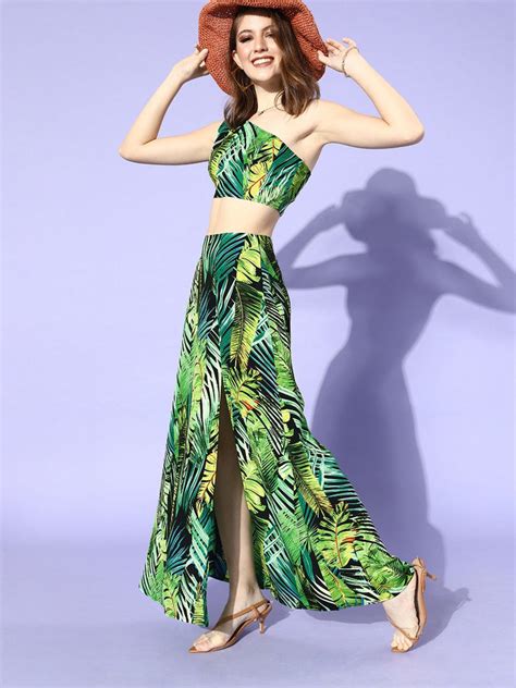 Berrylush Women Green Tropical Printed One Shoulder Co-Ordinate Dress