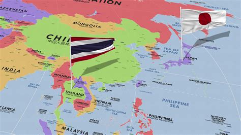 Thailand and Japan Flag Waving with The World Map, Seamless Loop in Wind, 3D Rendering 41389660 ...