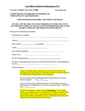 EMPLOYER QUESTIONNAIRE / DOCUMENT CHECKLIST Doc Template | pdfFiller