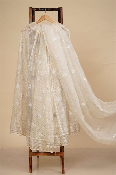 Buy Off White Color Handcrafted Chikankari and Mukaish Work Unstitched ...