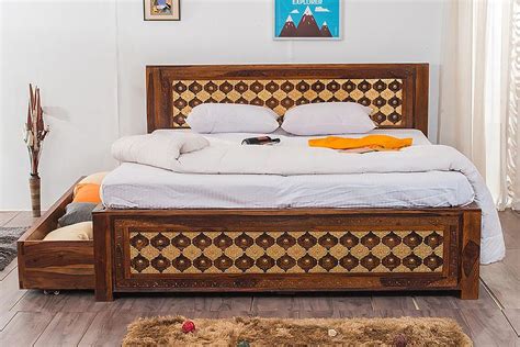 Buy Solid Wood Brass Bed A with Trolley Storage Online in India ...
