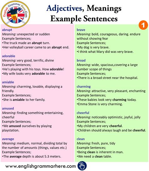 Adjectives, Meanings Example Sentences in English | Common adjectives ...
