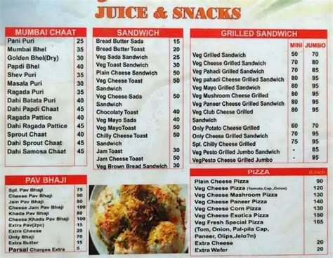 Menu at Fresh Juice and Snacks Center, Mumbai