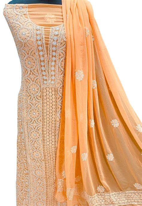 Shop the Stunning Orange Hand Chikankari Georgette Suit Set - Unstitched