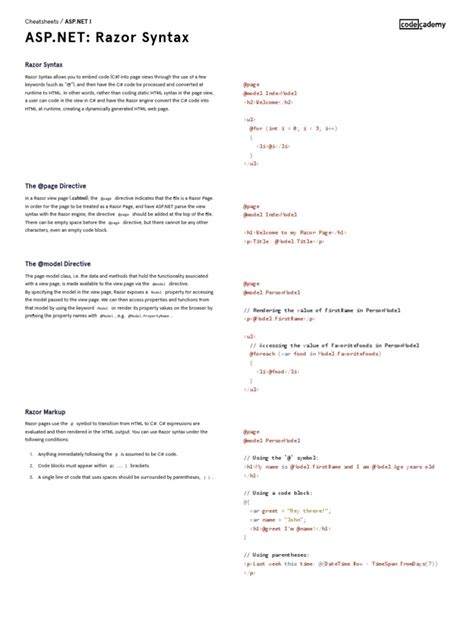 Image result for ASP.NET Core Razor Cheat Sheet PDF