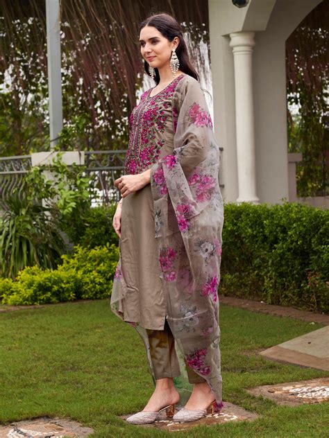 Beige Color Cotton Blend Multi Embroidered Kurta Set With Printed Orga