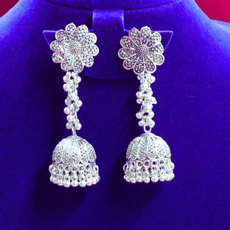 Shop long drop oxidised jhumka flower Shaped online