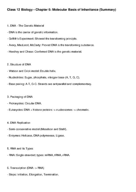 Class 12 Biology Chapter 6: Molecular Basis of Inheritance Summary ...