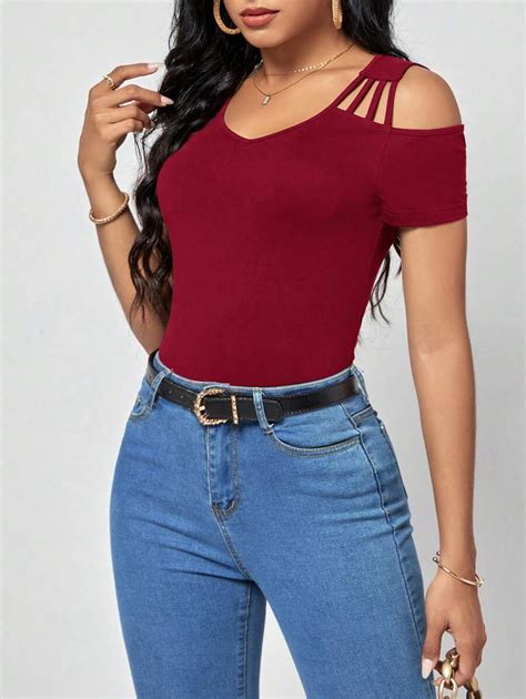 SHEIN Clasi Solid Cold Shoulder Tee | SHEIN USA