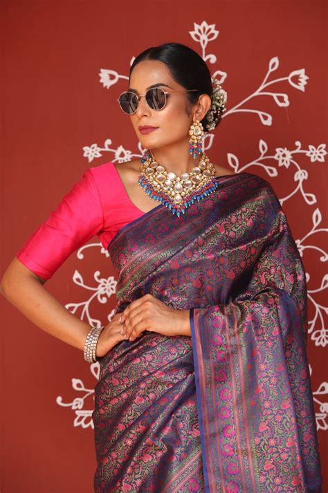 Buy Hypnotic Blue Banarasi Tanchoi Silk Saree - House Of Elegance ...