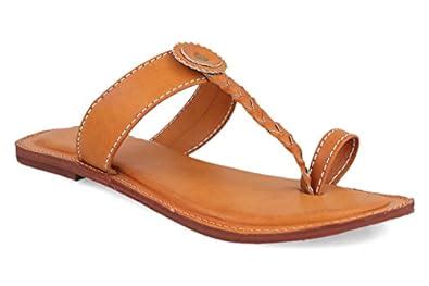 Buy AR Eyewar Kolhapuri Tan Color Leather Flats Sandals for Women Girls ...