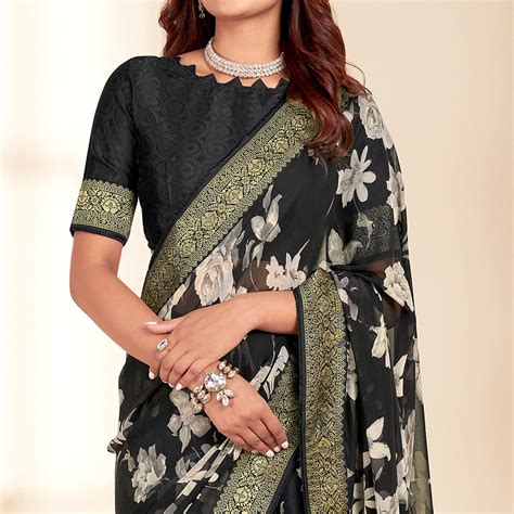 Black Floral Printed Georgette Saree With Embroidered Border