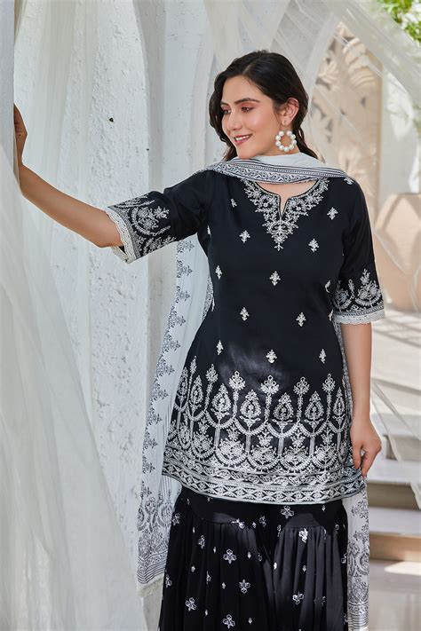 Buy Black Embroidered Straight Kurti & Garara Suit Set Online at Biba India