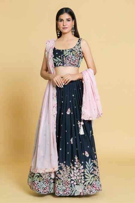 Buy Blue Polyester, Georgette, Linen, Chiffon Sequins, Embroidery, Zari ...