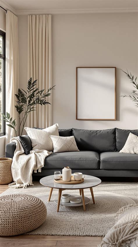 Earthy Tones for a Dark Grey Couch Living Room | Dark grey couch living ...