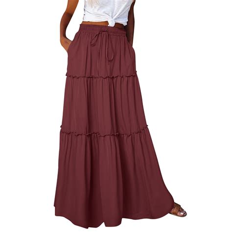 Womens Maxi Skirt Tiered Flowy Skirts Casual High Waist Pleated Long ...