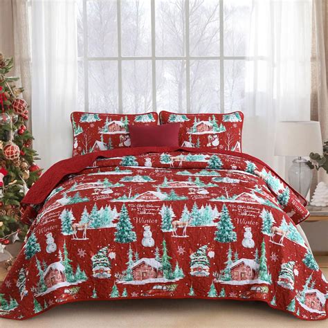 King Size Christmas Quilt Set, Red Xmas Tree Reindeer Pattern Bedspread ...