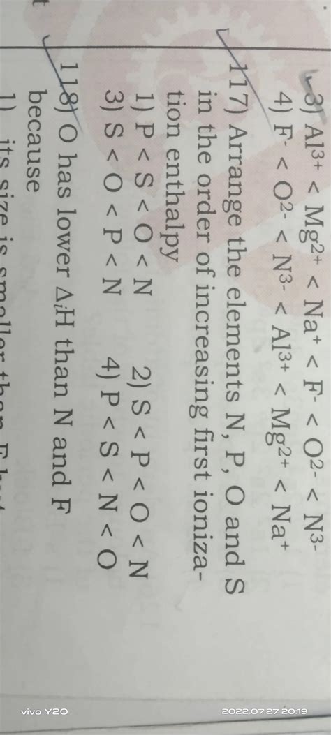 Arrange the elements N, P, O and S in the order of increasing first ...