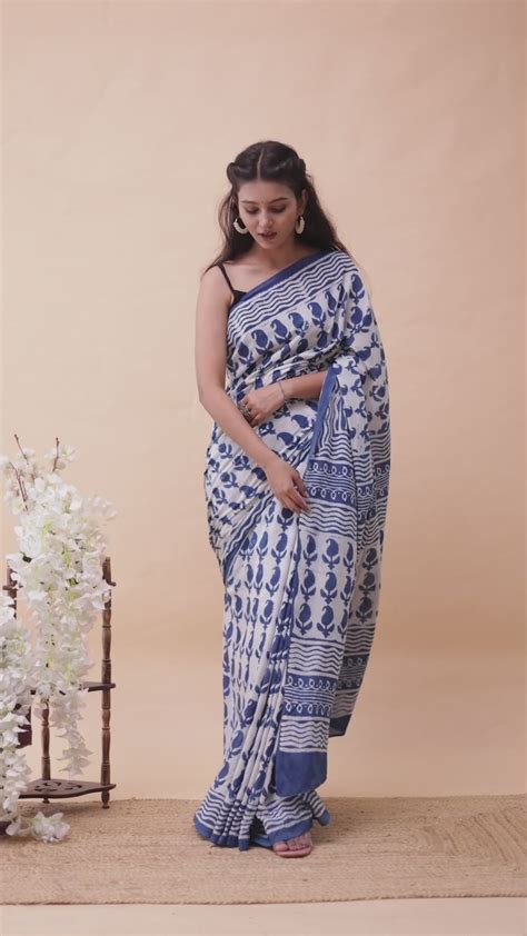 Indigo kairi Hand Block Printed Mul Cotton Saree (Indigo Blue) – Jaipur Tex