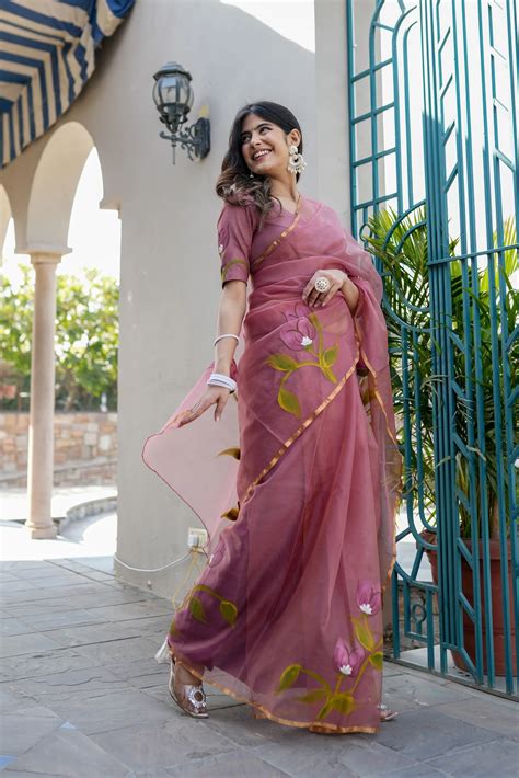 Handpainted Organza Saree with Floral Designs & Golden Zari Border ...