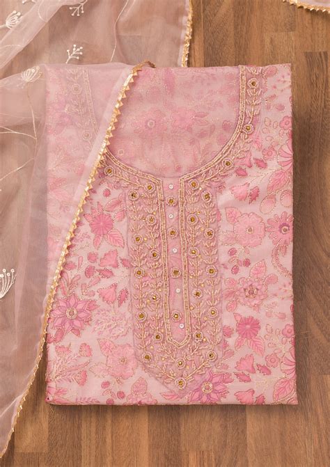 Buy Pink Printed Tissue Unstitched Salwar Suit - Koskii