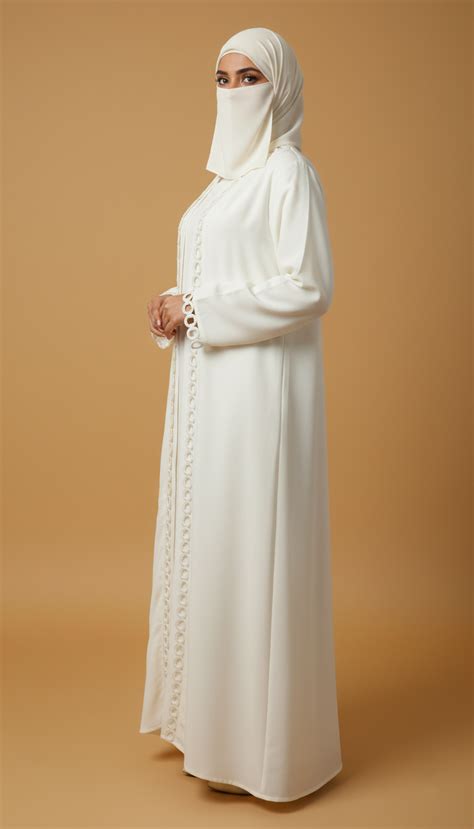 Elegant Off-White Semi Jacket Abaya with Ring Pattern Detailing ...