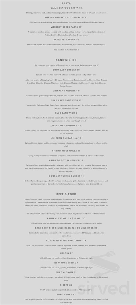 The Boundary House Restaurant menu in Calabash, North Carolina, USA