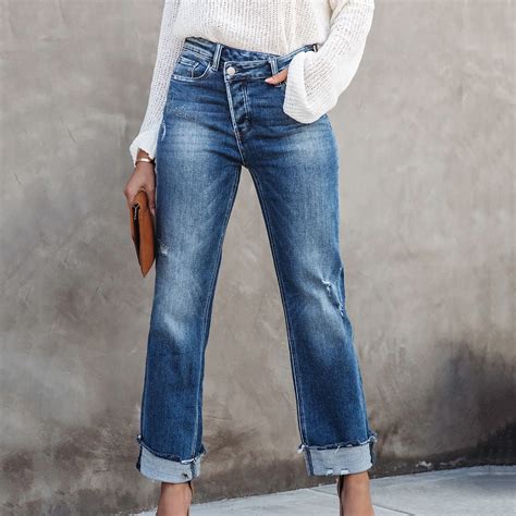 VgaVtl High Waist Womens Jeans Under $8 Blue Straight-Leg Long Womens ...
