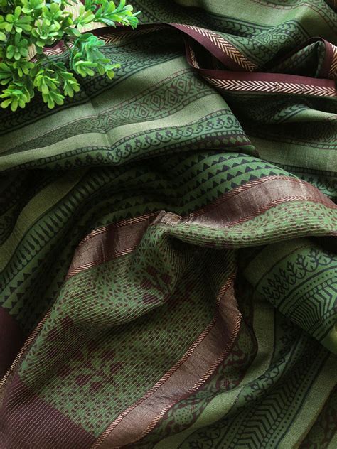 Green Bagh Hand Block Printed Handloom Tissue Cotton Silk Dress Materi ...