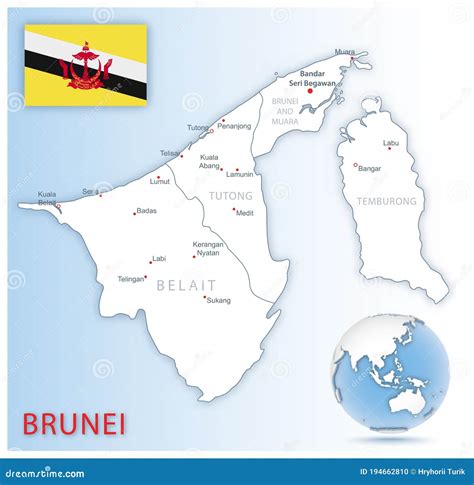 Detailed Brunei Administrative Map with Country Flag and Location on a Blue Globe Stock ...