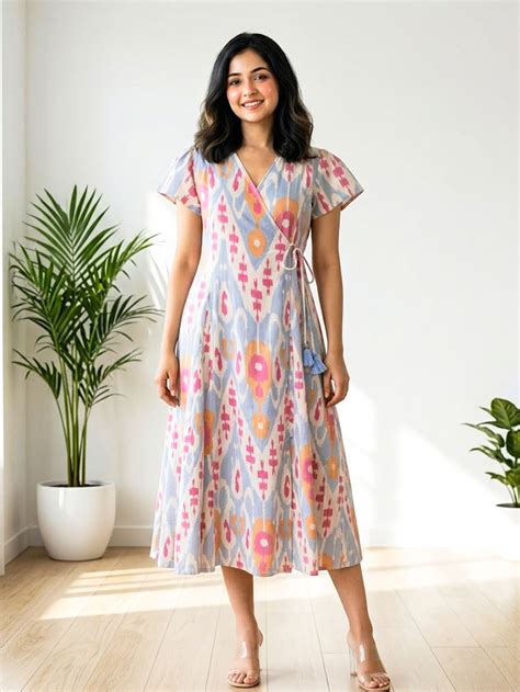 Blue Pink Ikat Printed Cotton Dress