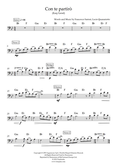 Con te partirò (Easy Level) (Andrea Bocelli) - Trombone Sheet Music