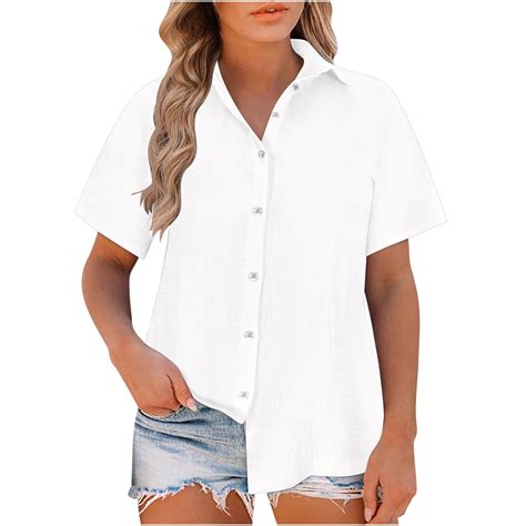 BLVB Linen Button down Shirt Women Cotton Short Sleeve Blouses V Neck ...