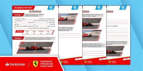 Scuderia Ferrari F1: Air Resistance Worksheet Ages 9 to 11