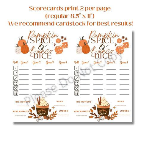 Pumpkin Spice and Bunco Dice Scorecards Set, Printable Instant Download ...